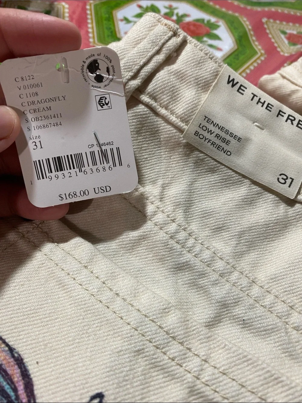 Free People Tennessee Low Rise Boyfriend Dragonfly Artsy Jeans Cream Size 31